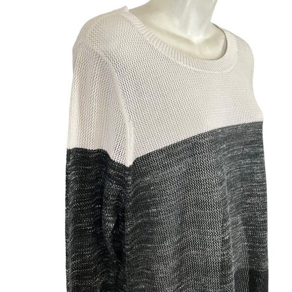 T by Talbots Womens White Black Loose Knit Long Sleeve Cotton Blend Sweater sz L - Picture 2 of 16